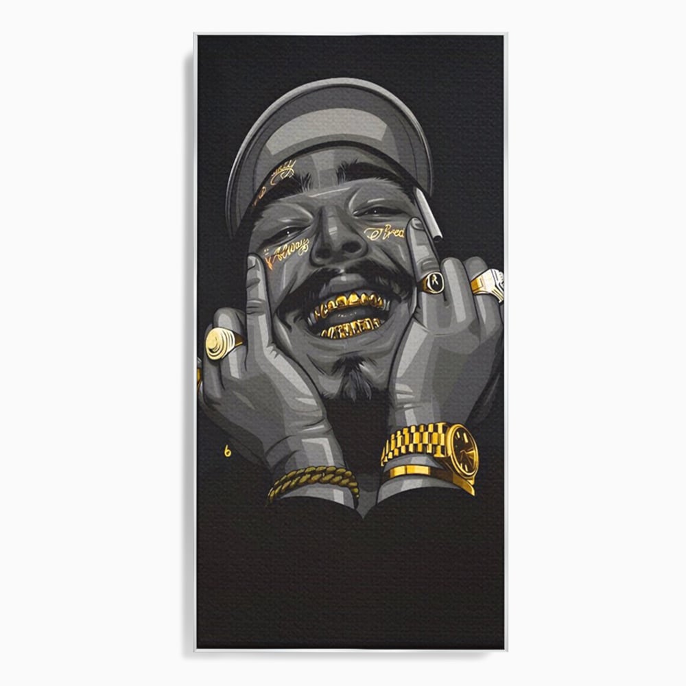 Tablou canvas cu tablou canvas cu portret post malone, in rama de aluminiu argintiu